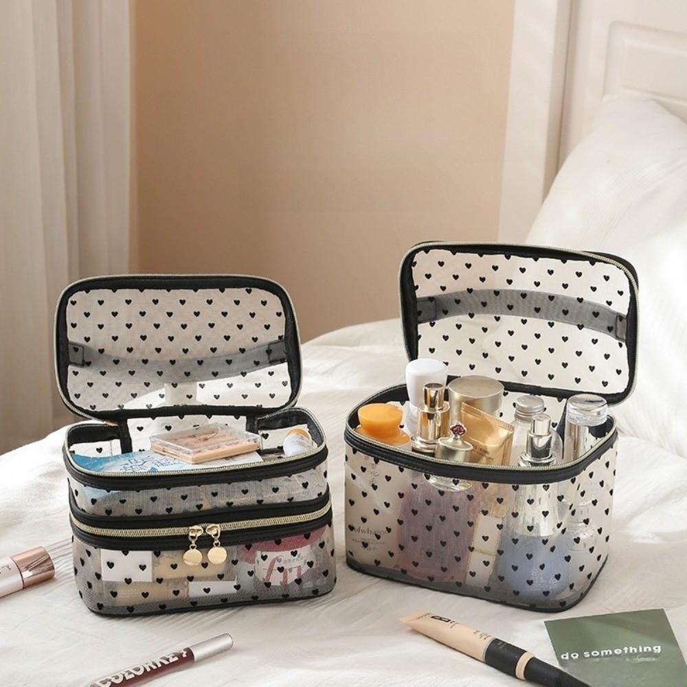 Fashion Black Mesh Cosmetic Bag Double-layers Large-Capacity Makeup Case Portable Zipper Organizer Storage Pouch