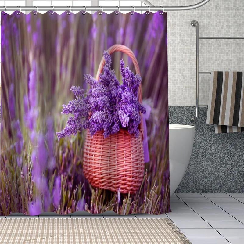 Beautiful Purple Lavender Flowers Shower Curtain Bathroom  Fabric Washable Polyester for Bathtub Art Home Decor with Hook