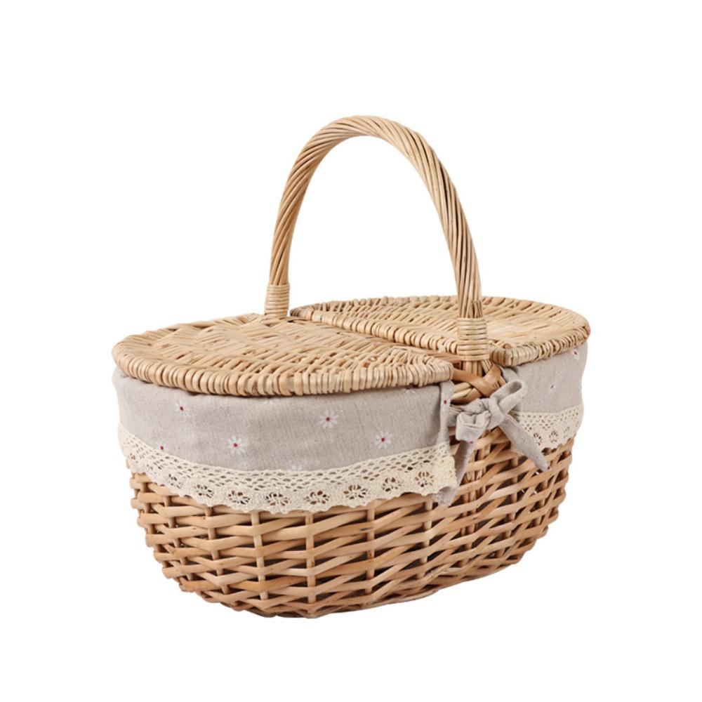 With Lid Wicker Picnic Basket Handmade Willow Large Capacity Woven Storage Hamper Hand-woven Handle Design Storage Basket