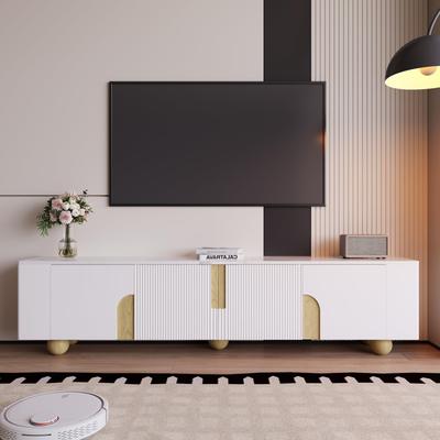 TV Cabinet, 4 Doors, Marble Look, Elegant Wood Grain, Spherical Wooden Feet, MDF & PB Material, Easy Assembly for Living Room