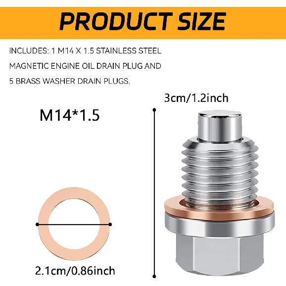 Oil Drain Plug, Magnetic M14X1.5 Oil Pan Drain Nut Bolt With 5PCS Copper Crush Washer Gasket, Stainless Steel Engine Sump Pan Anti Leakage