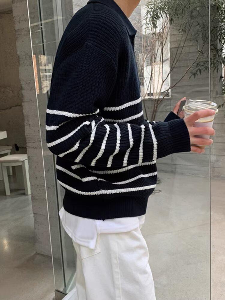 Men's Retro Korean Style Striped Half-Zip Sweater with Lapel