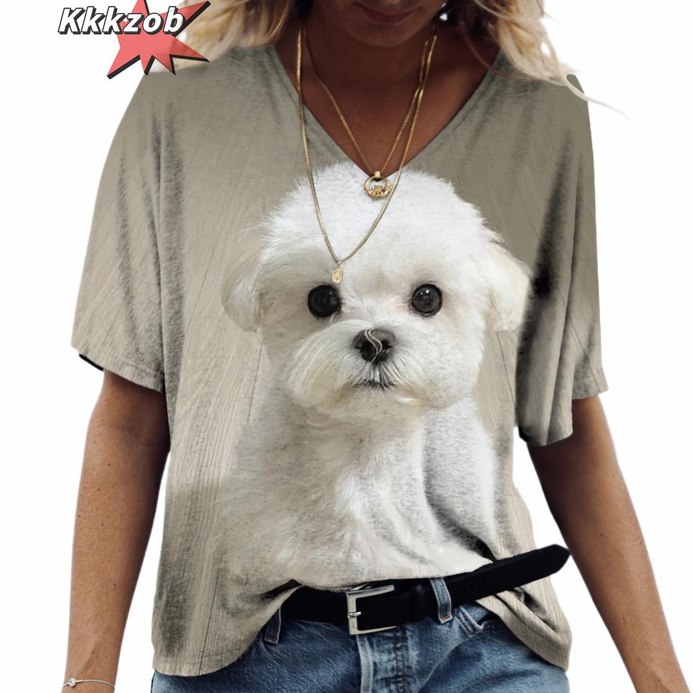 3D Print Pet Dog Summer Fashion 2025 Hot Sale Ladies T Shirt Short Sleeve Tops V Neck Streetwear Harajuku Casual Pullover