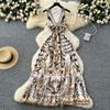 Bohemian Vacation Retro Deep V-Neck Strap Design Sleeveless Waist Temperament Printed Lotus Edge Dress