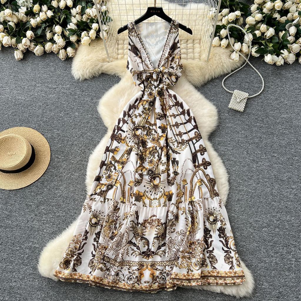 Bohemian Vacation Retro Deep V-Neck Strap Design Sleeveless Waist Temperament Printed Lotus Edge Dress