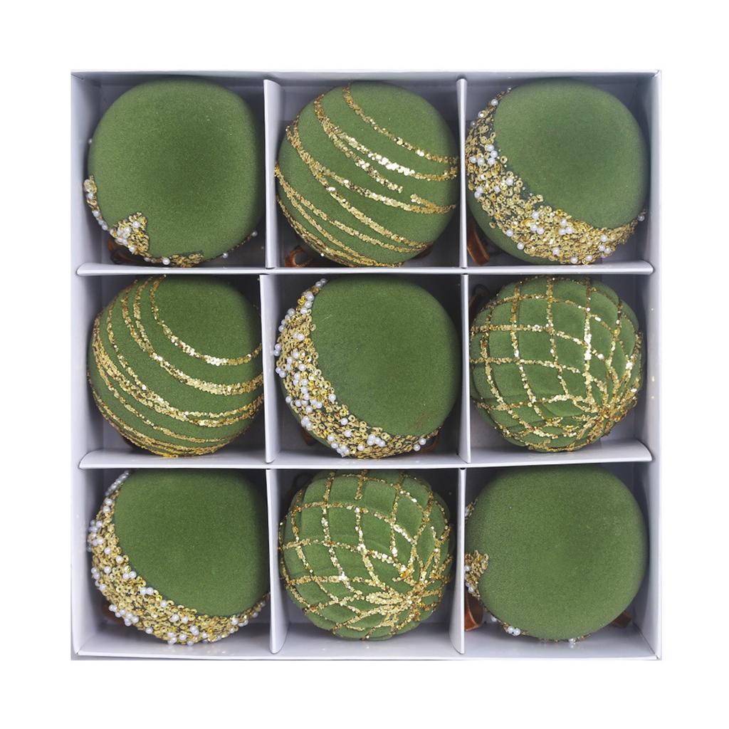 Lamp-painted Plastic Christmas Tree Decorative Hanging Ornaments, 8cm 9pcs Flocked Christmas Ball Set