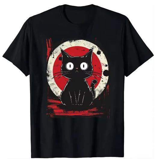 Funny Black Cat Print Tshirt for Women Casual White Top Harajuku Tees Female 90s Clothes Couples Clothing