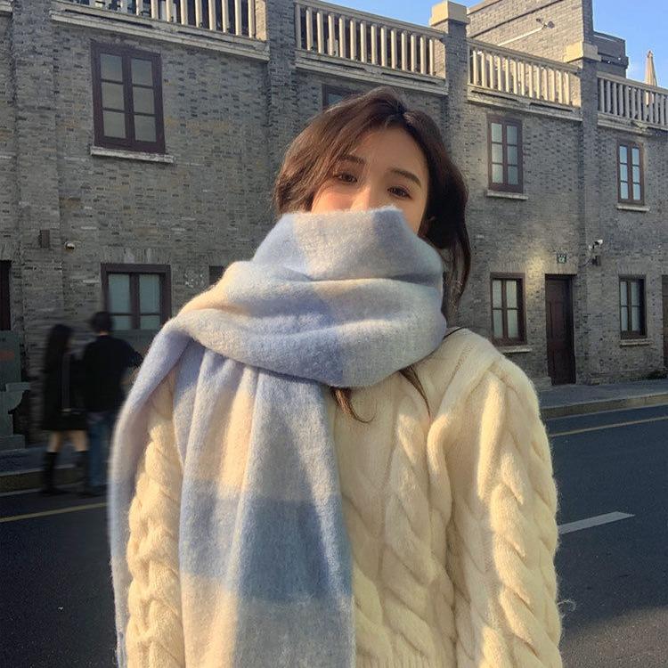 Korean Style Blue and White Plaid Mohair Women's Scarf for Women In Autumn and Winter Versatile Soft and Waxy Warm Imitation Cashmere Scarf Thickened