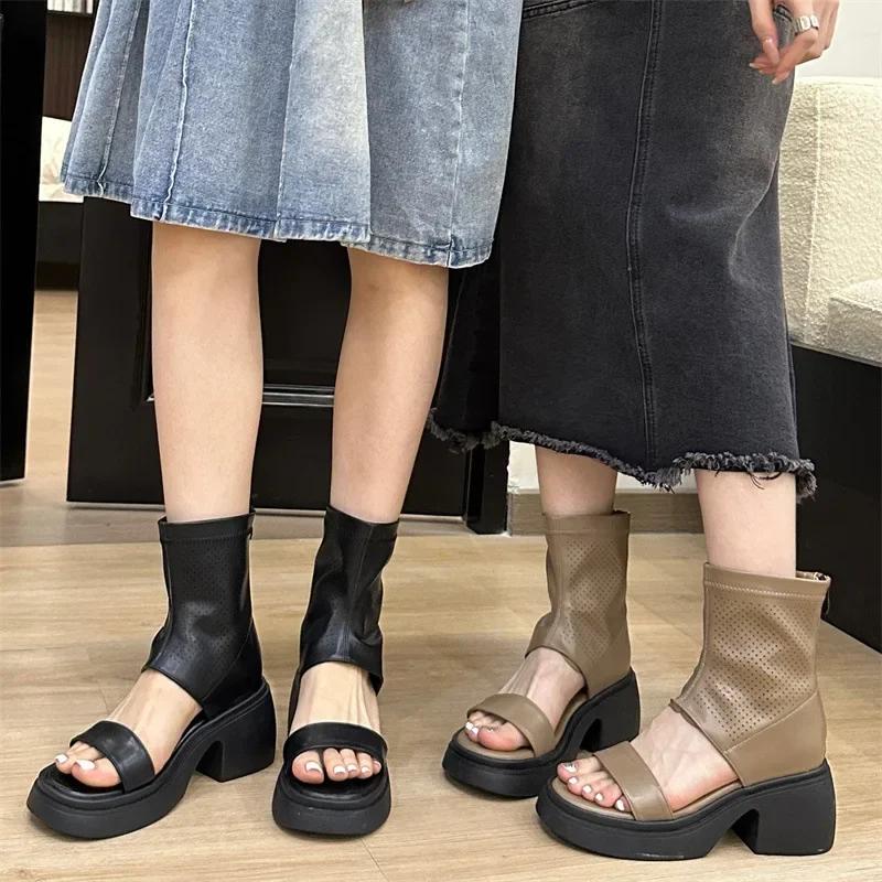 Retro Platform Peep Toe Sandals for Women Thick Heel Roman Shoes Hollow High-Top Rear Zipper Square Heel Cool Boots