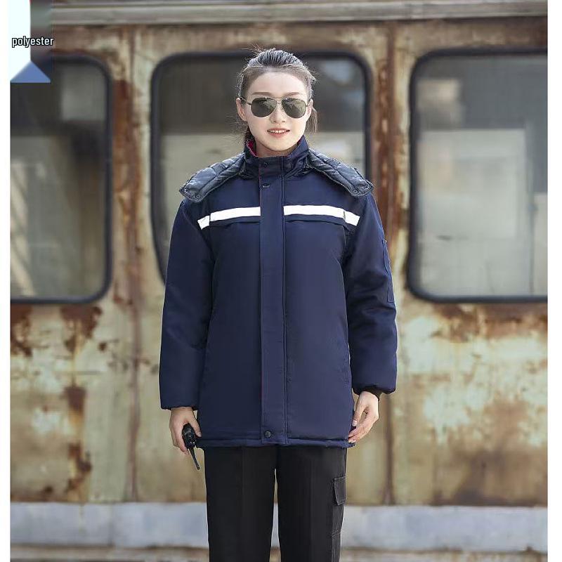 Autumn/Winter Reflective Hooded Cotton Work Jacket - Windproof, Cold-Resistant, for Auto Repair and Cold Storage.