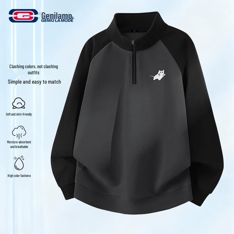 GENIOLAMODE Men's Pixel Flying Cat Half-Zip Sweatshirt