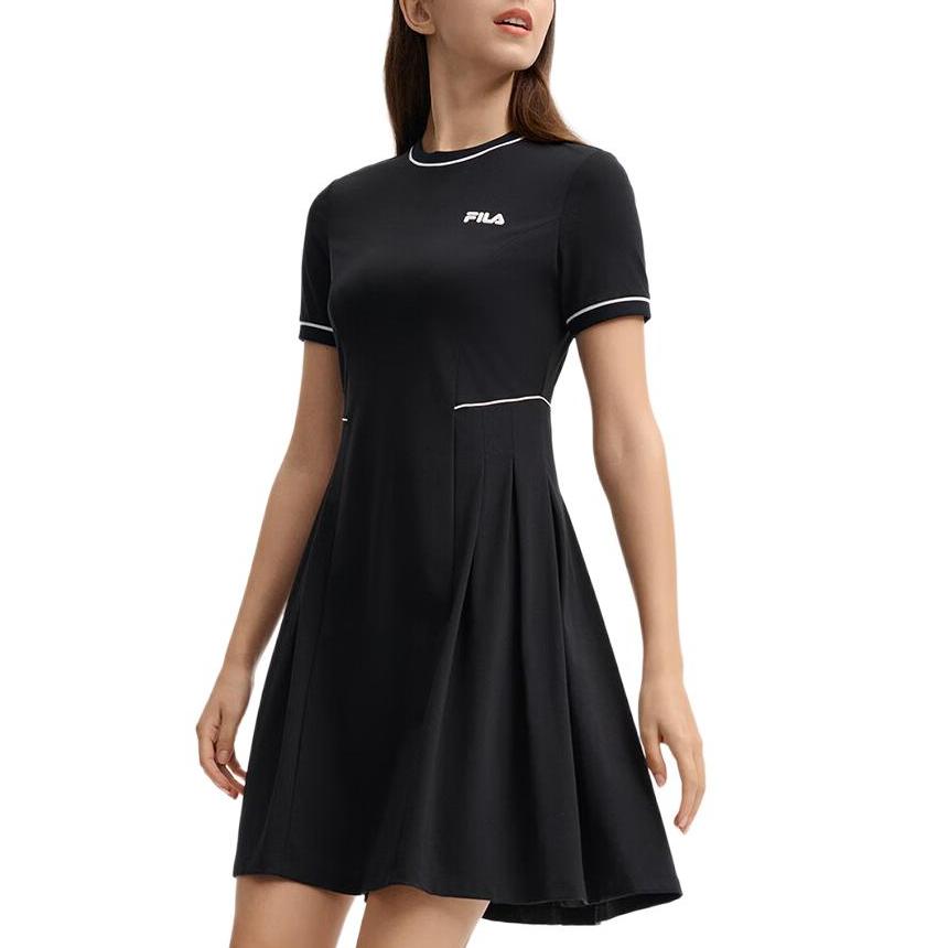 FILA Heritage Pompidou Center Series Round Neck Waist-Cinched Casual Short Sleeve Dress Women dresses Black F11W438312FBK