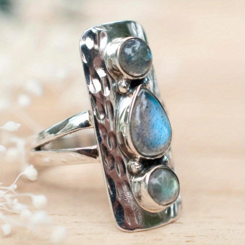 Vintage Inlaid Blue Stone Women's Ring Ethnic CopperColor Hand Carving Daily Wear Party Jewelry Anniversary Gift