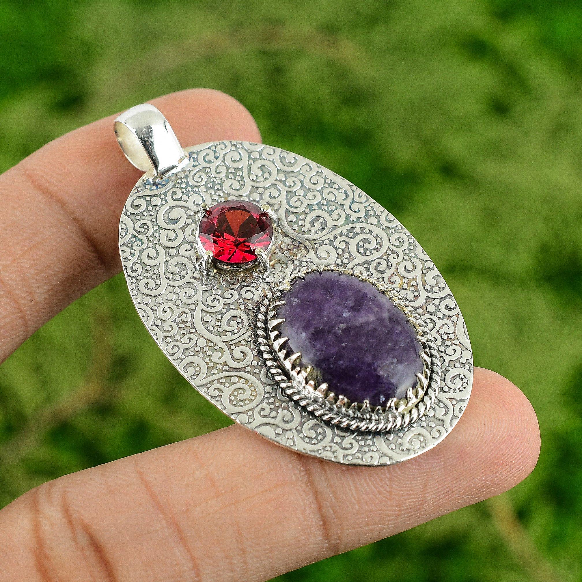 

925 Sterling Silver Natural Lepidolite Rubellite Bezel Wedding Pendant Jewelry