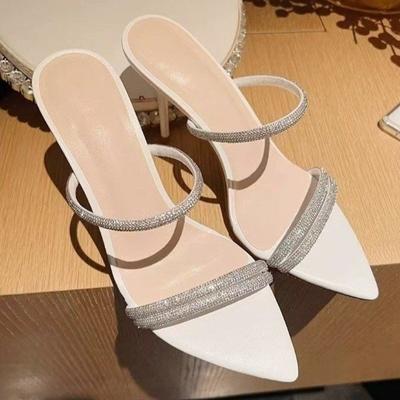 Stunning Black Strap Diamond Open Toe Ultra High Heel Slippers Pointed Toe Thin Heel Fashionable Outdoor Sandals for Women