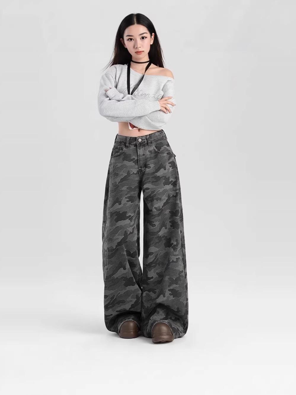 

2026 Plus Size High-Waisted Wide-Leg Camouflage Jeans for Women - Slimming Spicy Fashion Floor-Length Pants XXL армия зеленый