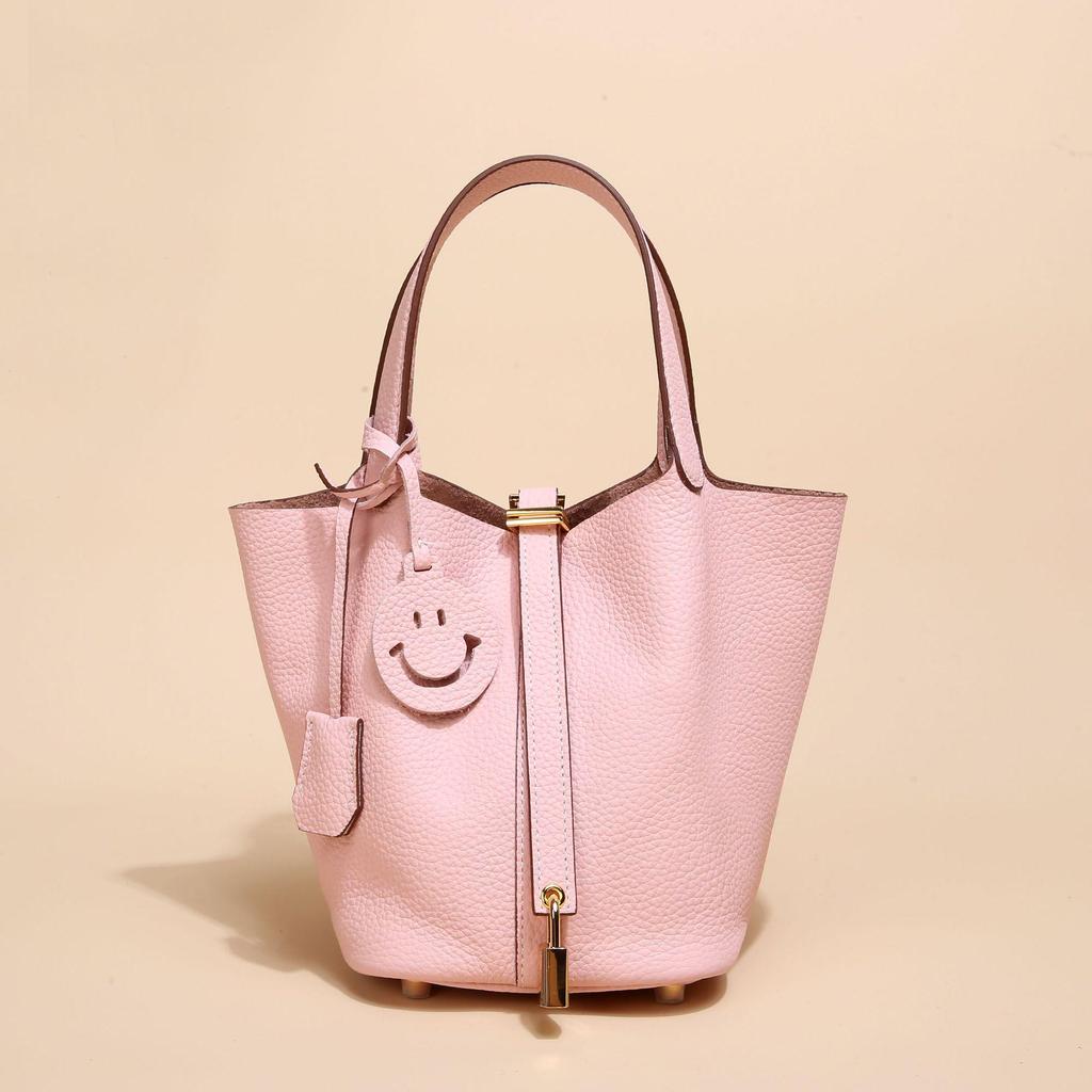 2024 kvinners ekte skinn Litchi-mønster bøtteveske - høst/vinter grønnsakskurv håndveske