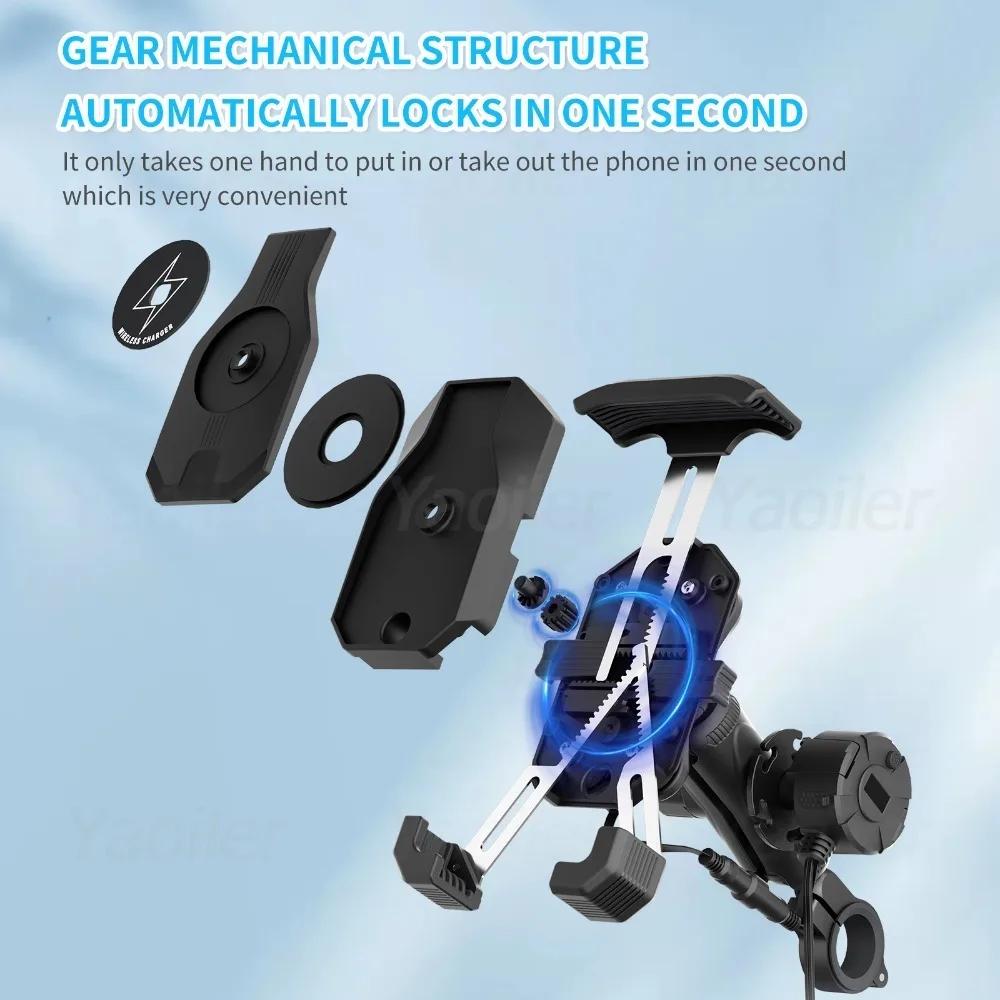 Motorcycle Phone Holder 15W Wireless Charger Motorbike Shock-absorbing Handlebar Mount with C Type Fast Charging Cellphone Stand