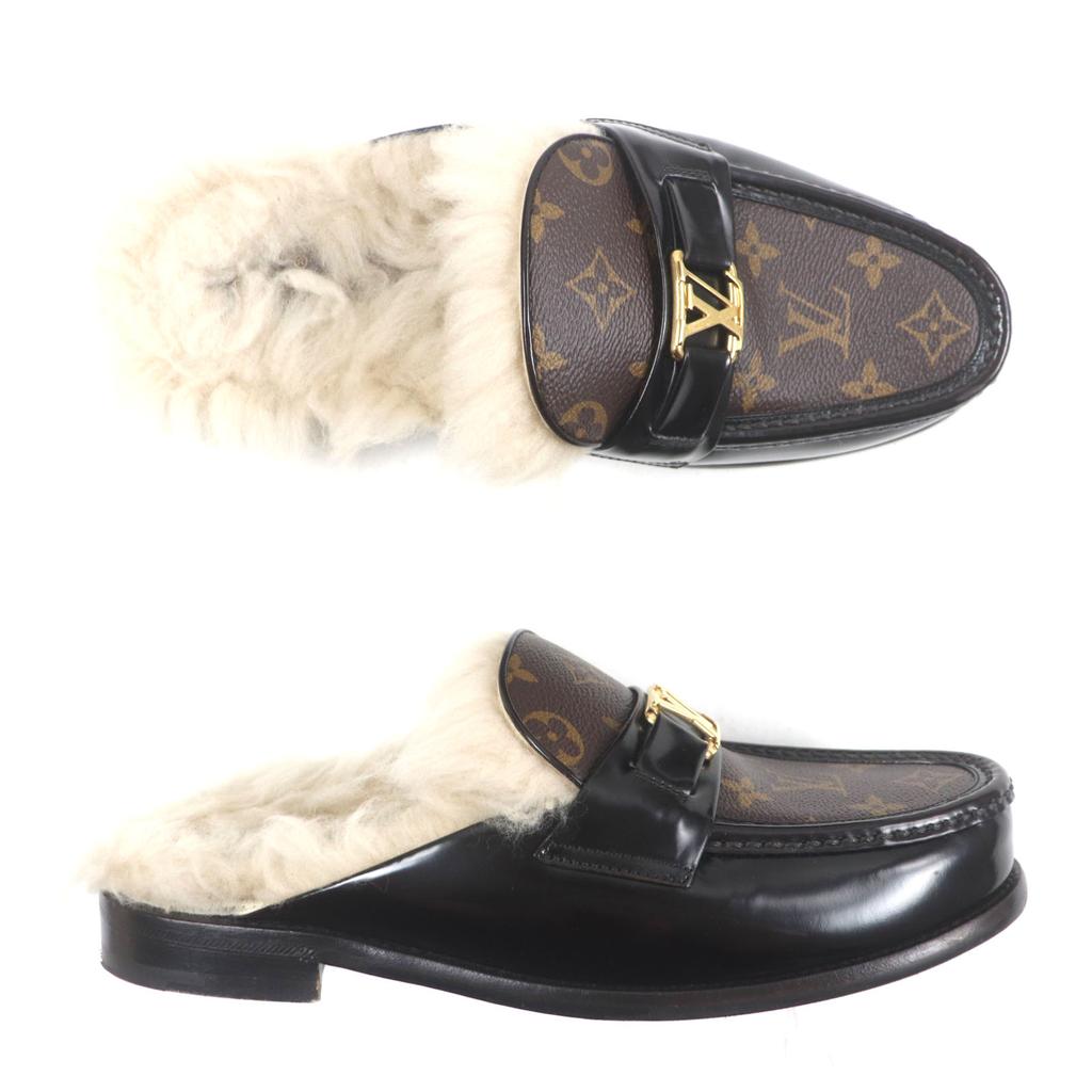 Louis Vuitton Sandals LV Logo Monogram Fur Mules Brown Monogram Canvas Mens 7 Used