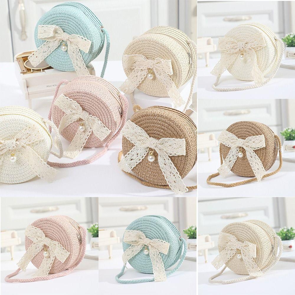 Cute Lace Bow Straw Bag Hand-woven Lightweight Beach Bag Zipper Round Kids Crossbody Purse