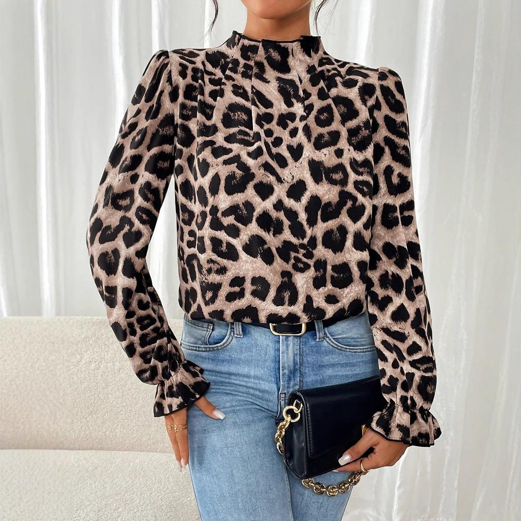 European and American new leopard print women's long-sleeved top
