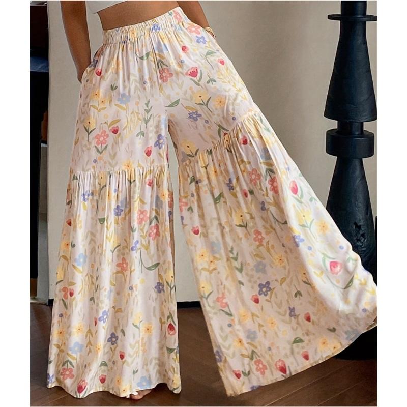 Pantalon Floral d'Été pour Femme, Taille Haute, Ample, Fin, Jambe Large, Élégant, Amincissant, Pantalon Droit Polyvalent