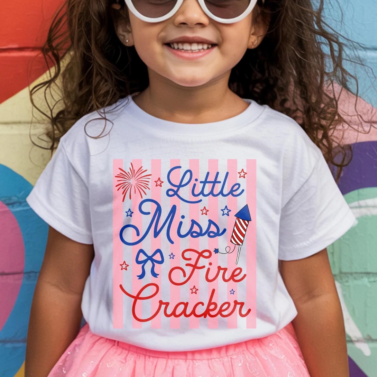 Little Miss Firecracker Girls T Shirt, Fourth Of July Kids Tee L