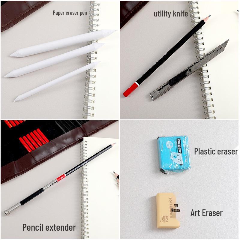 39-Piece Beginner Sketching Set: Charcoal Pencils, Eraser, Paintbrushes & Pencil Roll-up Case