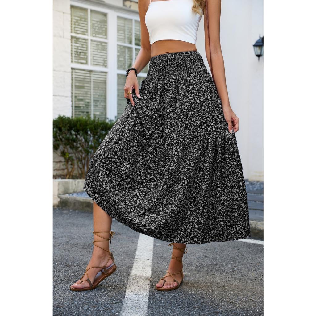 European and American Fresh Floral Long Skirt Slim Fit and Slimming Pleated High Waisted Skirt