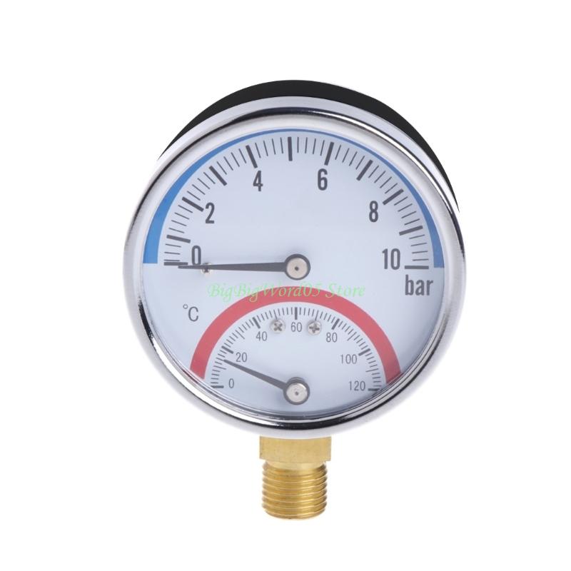 24TE Pressure Gauge with Metal for Shell 0-10 Bar Thermometer Temperature Tester Meter 0-120℃ Suitable for Industrial Durable