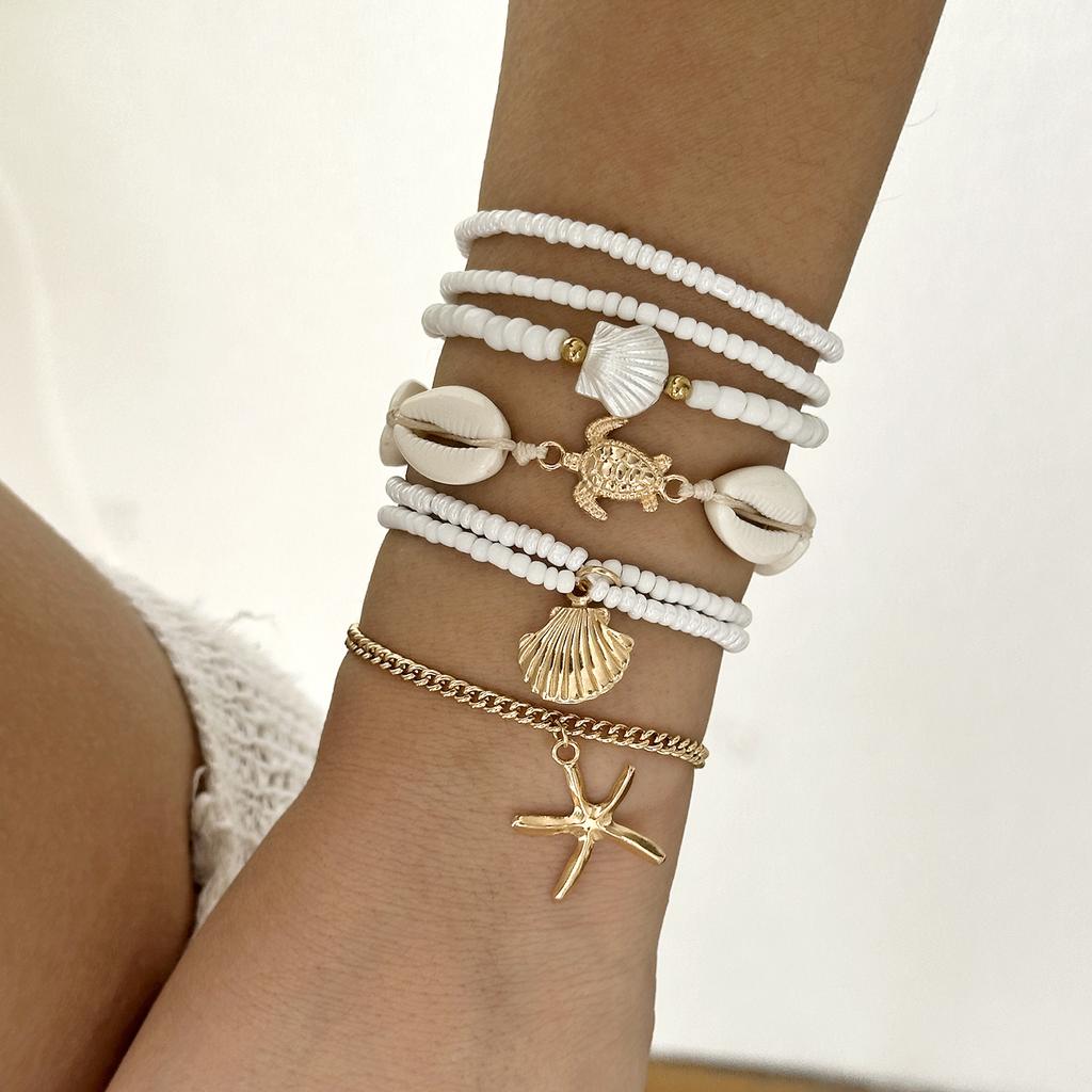 Classic Metal Starfish Shell Multilayer Bracelets Set for Women Handmade Rice Beaded Stackable Bracelets Vacation Jewelry Gift