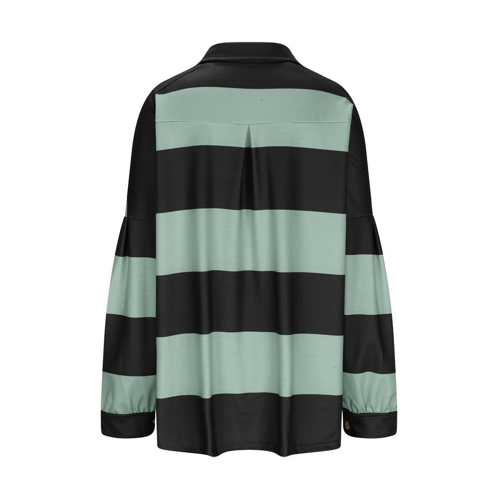 Women's Fashionable Striped Lapel Long Sleeved Sports Casual Pullover Sweatshirt Top