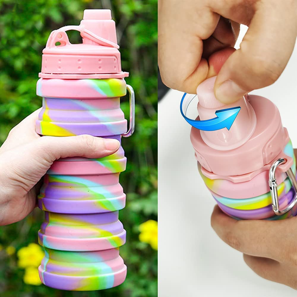 Leeseph Silicone Collapsible Water Bottles, Portable Foldable Sports Cups with Carabiner, Leak Proof for Outdoor Travel 500ml