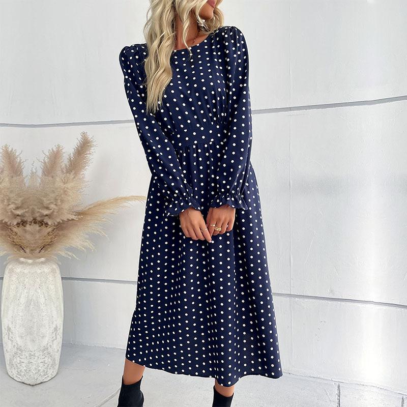 Robe mi-longue à pois bleus à manches longues pour femme, mode printemps et automne
