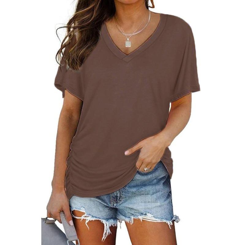 GMXIA Women's Fashion Casual Solid Color Print Short Sleeve V Neck Blouses & Shirts