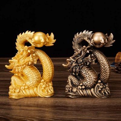Harz Glücksdrachen Skulptur Statue Chinesisches Maskottchen Tamron Ornamente Heimdekorationszubehör Goldfarbe und antikes Kupfer
