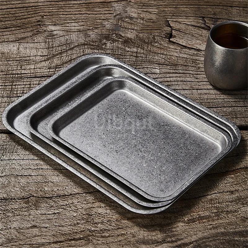Retro Korean Style Stainless Steel Rectangular square Plate Food Storage Tray Vintage Steak Barbecue Snack Dishes Kitchen tray
