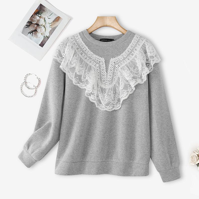 

ZANZEA Осенние женские пуловеры с круглым вырезом, кружевной вставкой, повседневные, с длинным рукавом 2XL серый