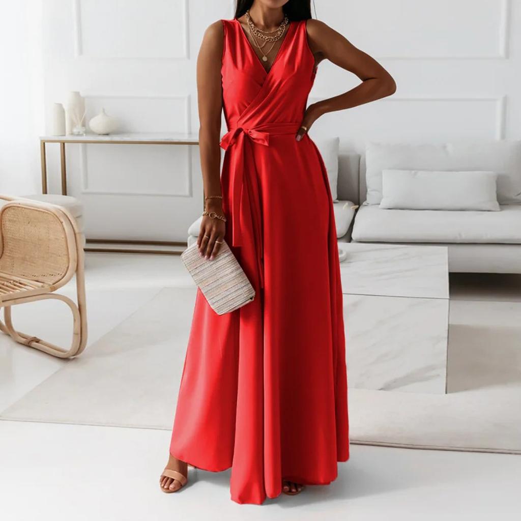 Women's V-neck Sleeveless Belt Evening Long Dress For Women