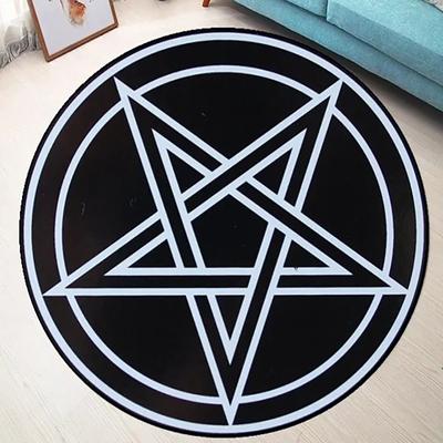 Pentagram Pattern Round Carpet, Satan, Devil's Trap Element Pattern, Black Background White Rabbit Supernatural Theme