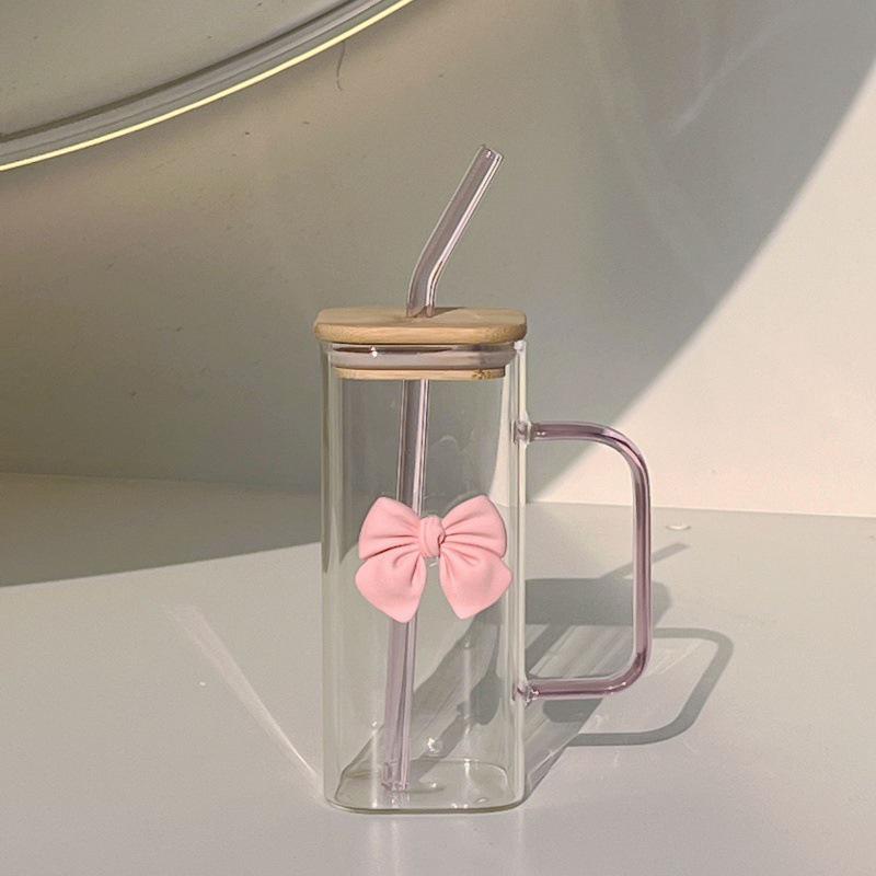 Minimalist Transparent Square Glass Cup with Bow Handle and Straw - High-Temperature Resistant for Coffee or Milk