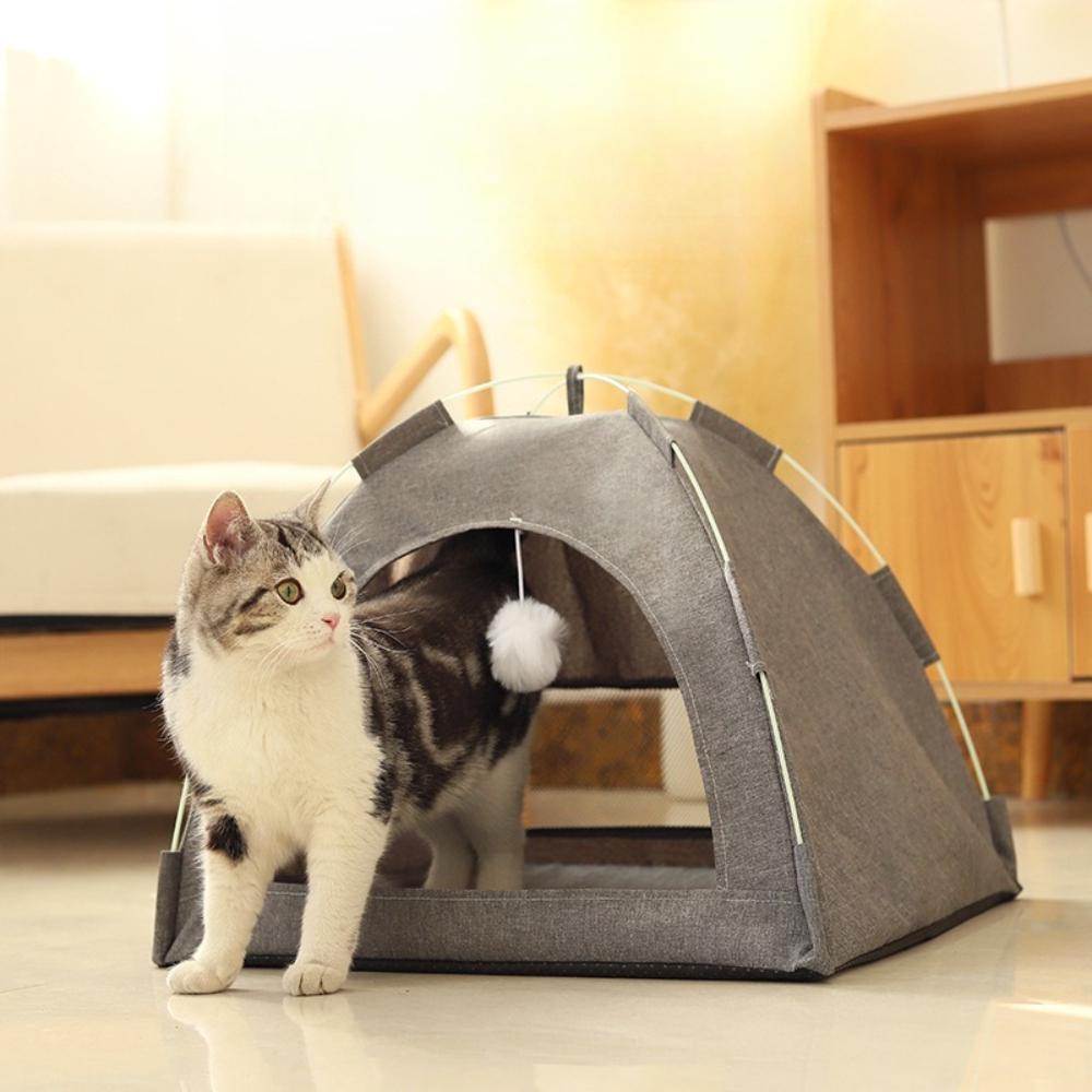 Breathable Felt Cats Tent with Interactive Toy Foldable Pets Cave Bed Four Seasons Universal Cat House for Indoor Cats & Kittens