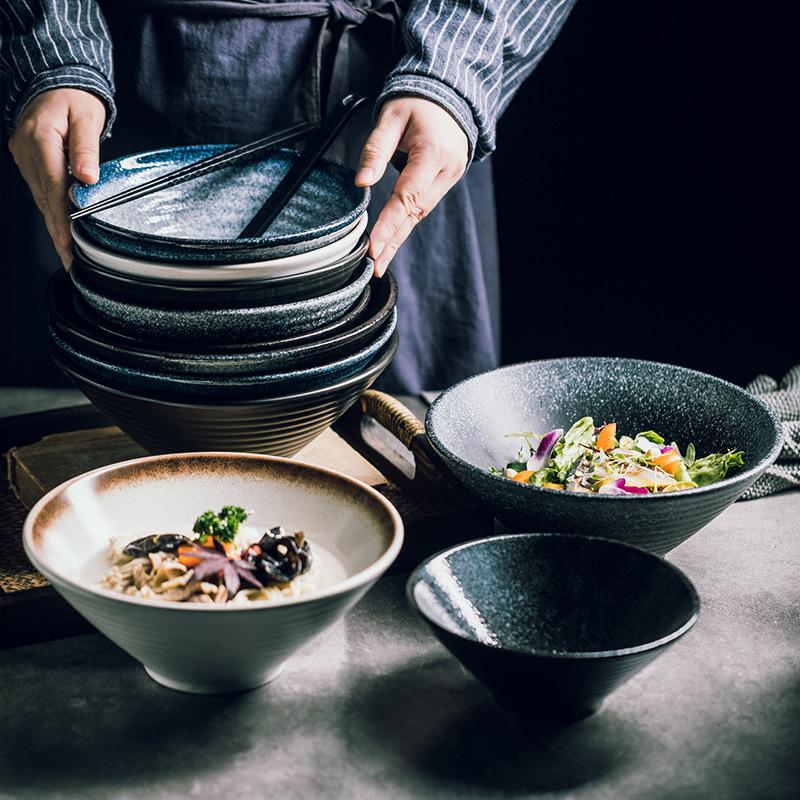 Japanese Ceramic Dòulì Ramen Bowl – Retro Coarse Pottery, High-End, Large Open-Mouth Trumpet Design, Ideal for Home Tableware