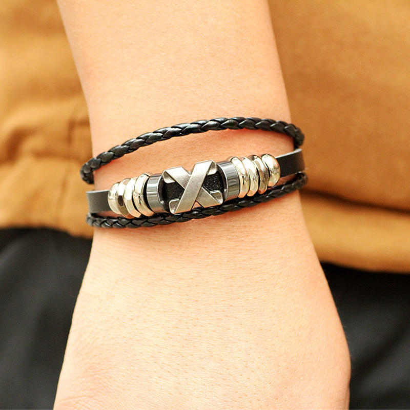 SCIONE Cowhide Bracelet X Letter Retro Bracelet Stainless Steel Accessories Bracelet