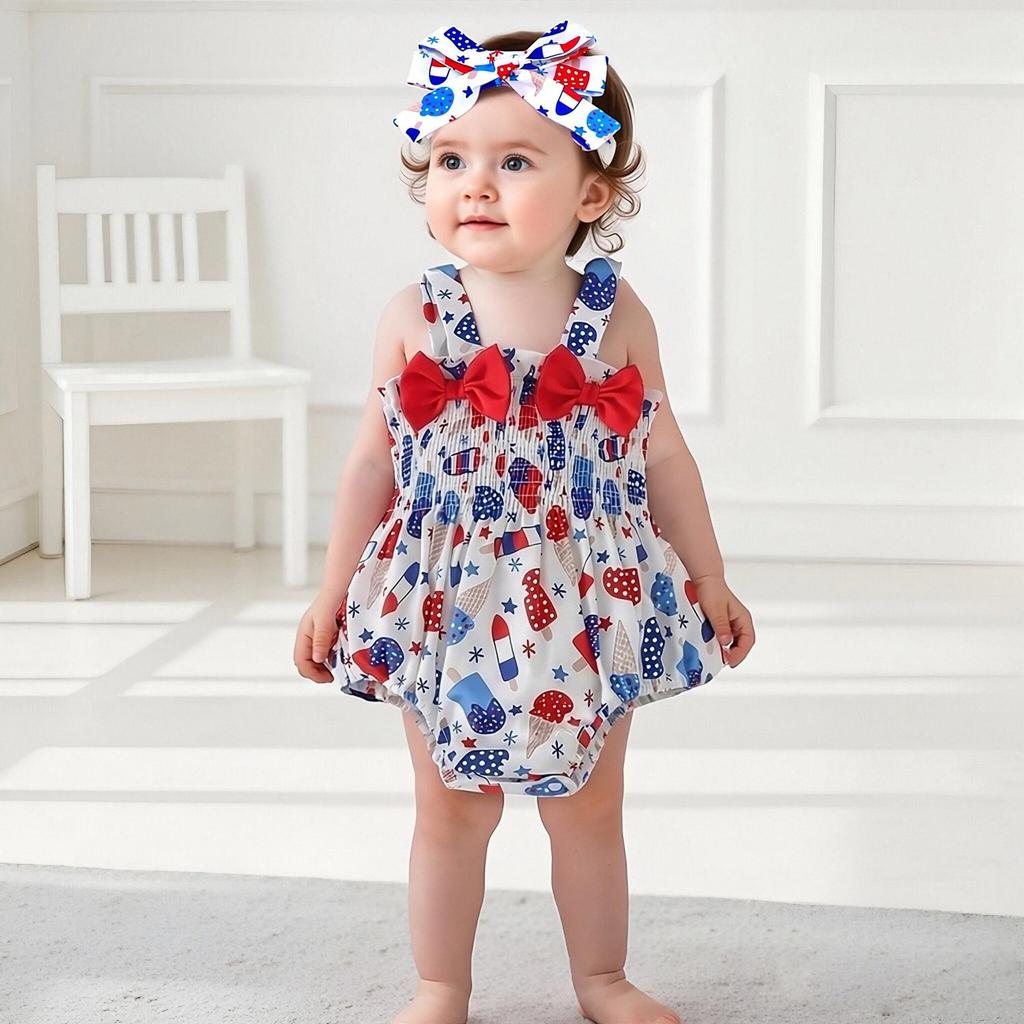 0 to 24 Months Baby Girls Smocked Spaghetti Strap Bodysuit Ice Cream Flag Print Summer Triangle Romper Newborn Infant Crawling Outfit