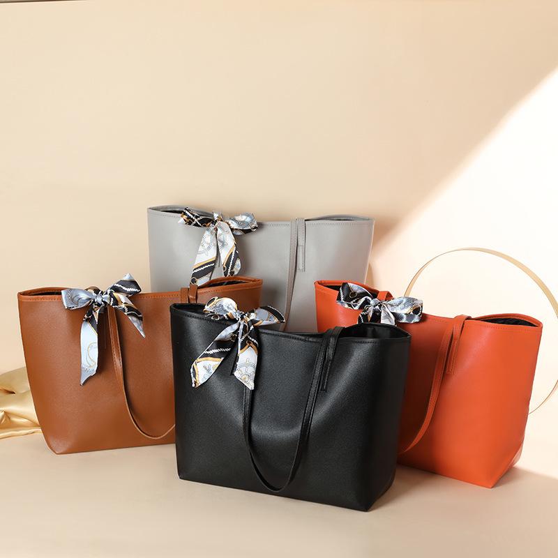 Litchi Grain Shoulder Tote: 2026 Fashionable Large-Capacity Solid Color with Scarf Decor for Women