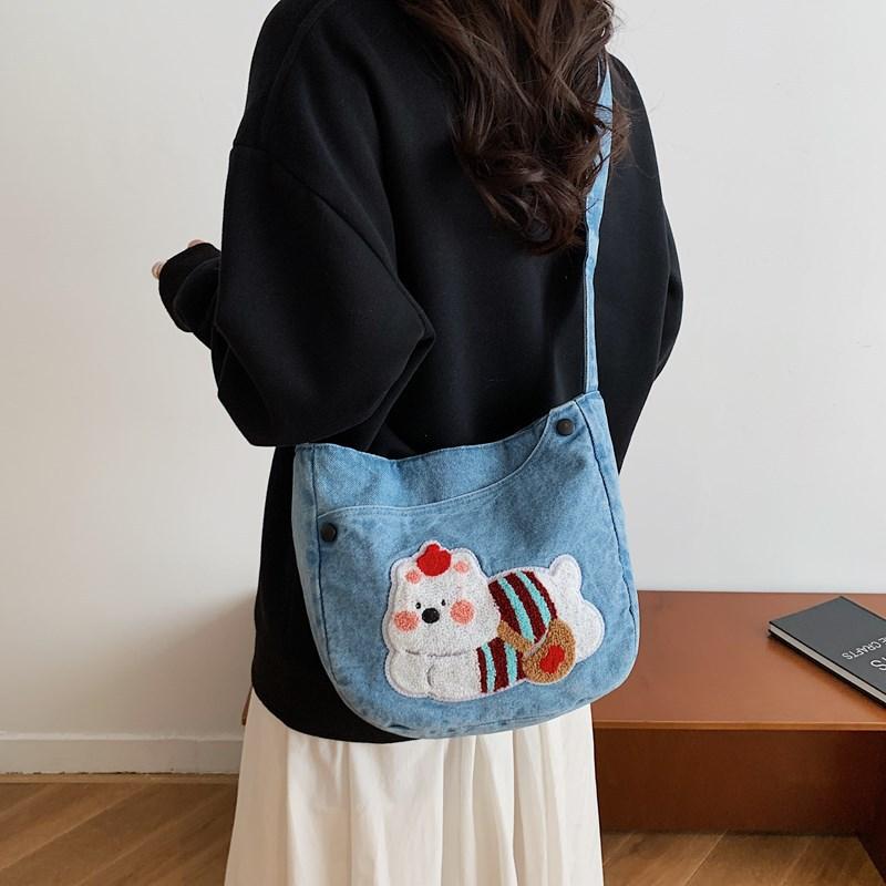 Embroidered Denim Large-capacity Commuter Single-shoulder Bag, Cartoon Niche Artistic Retro Crossbody Bag