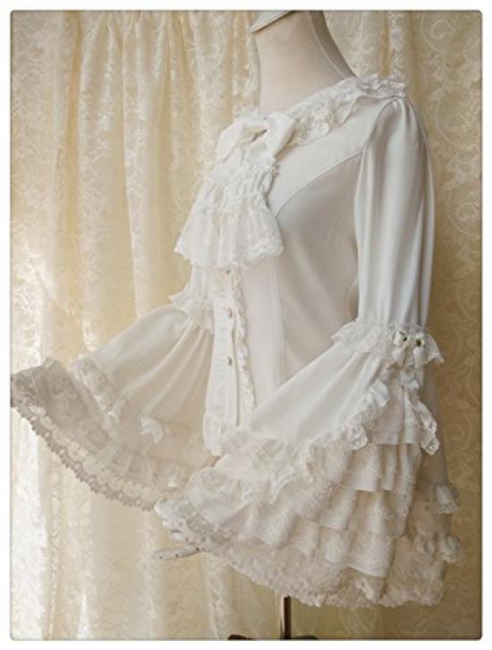 Lolita Blouse Princess Long Round Milky Lolita Ruffle Princess Perfect for Tea Gothic Gothic Blouse Shirt [cnstone] Shirt, Sleeves, Sleeves, Collar,