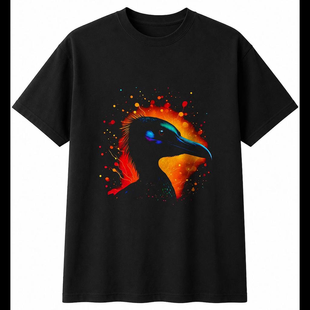 Colourful Cormorant Glowing Bird Mens T-Shirt Black 100% Cotton Nature Printed
