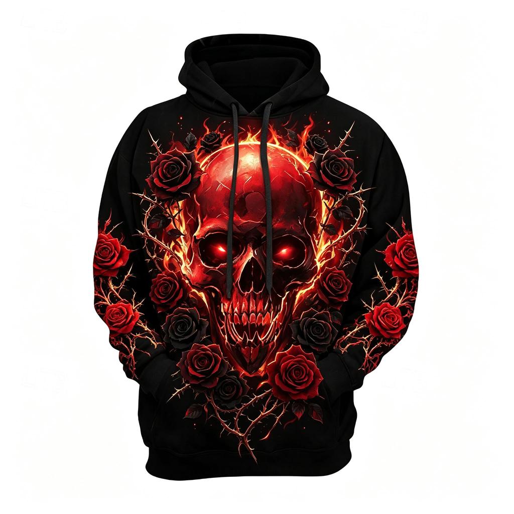 Women's Burning Fire Metal Skull Full Print Hoodie Halloween Gothic Long Sleeve Hooded Sweatshirt For Festival Wear